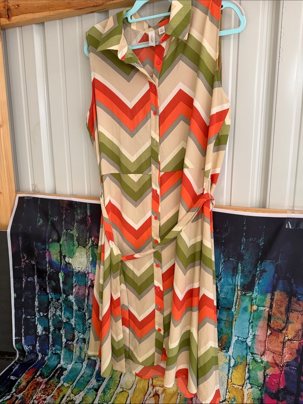 Tacera Sleeveless Chevron Shirt Dress in Orange, Olive & Cream